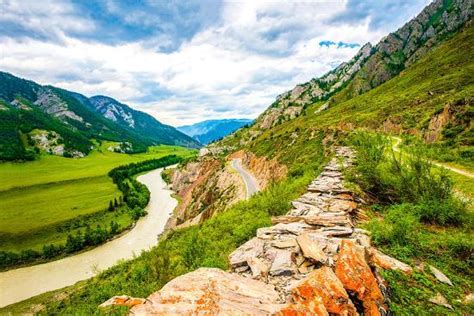 mountain river valley landscape river valley  mountains mountain