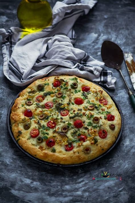 Herbed Focaccia Bread With Olive And Cherry Tomatoes Binjal S Veg Kitchen