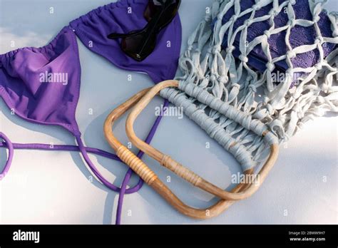 Bikini And DIY Macrame Bag With Bamboo Handles Stock Photo Alamy