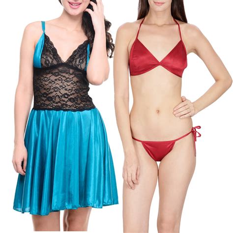 Buy Klamotten Satin Women Sexy Nightwear And Bikini Set Combo M T Multicolour At Amazon In