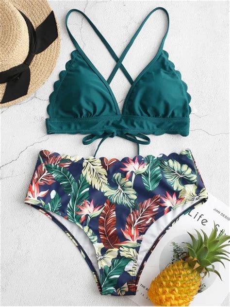 Womens Tropical Print High Waisted Bikini Set Swimwear On Luulla