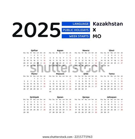Kazakhstan Calendar 2025 Week Starts Monday Stock Vector (Royalty Free
