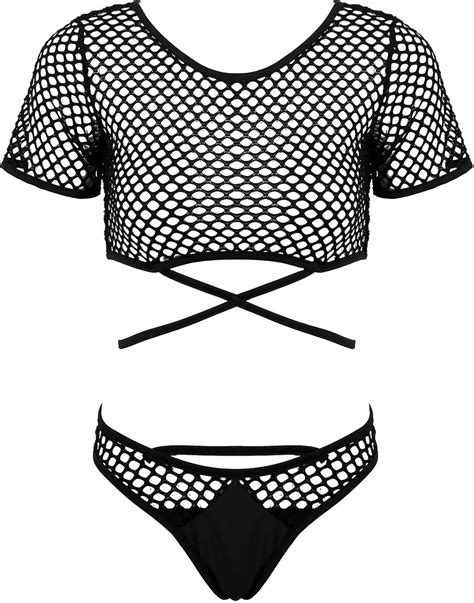 Acsuss Women S Fishnet Sheer Lingerie Set Short Sleeves Crop Tops With Bikini Bottoms Beach