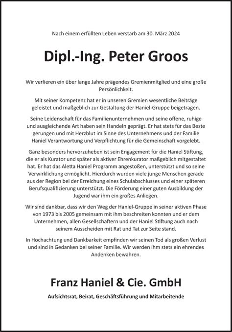 Traueranzeigen Von Peter Groos Sz Gedenkende