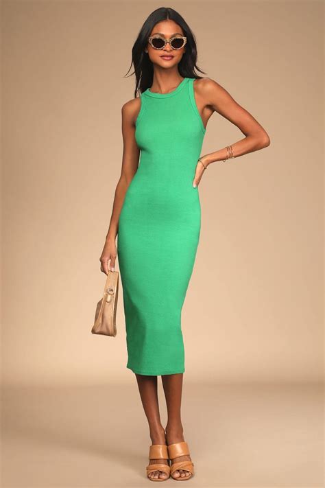 Majorly Trendy Green Ribbed Bodycon Midi Dress Midi Dress Bodycon