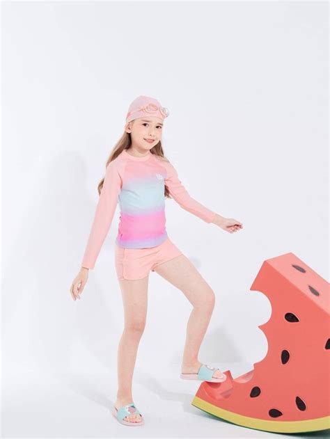 Traje de baño de bikini de cuello alto con gorro de baño de Chica preadolescente Ombre Moda de