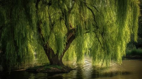 Weidenbaum In Einem Zierteich Voller Wasser Bild Eines Weidenbaums