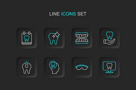 라인 치과 진료소 위치 안전 고글 안경 치통 부러진 치아 틀니 모델 미백 및 아이콘이 있는 달력을 설정합니다 벡터 이빨에 대한