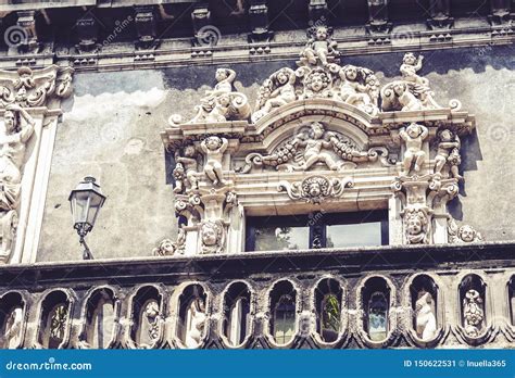 Decoration Stucco Of Balcony In Old Baroque Building In Catania