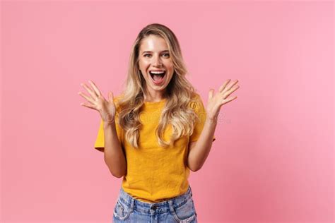 Image Of Excited Blonde Girl Expressing Surprise On Camera Stock Image Image Of Hands Girl