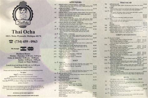 Menu At Thai Ocha Restaurant Plymouth 200 S Main St