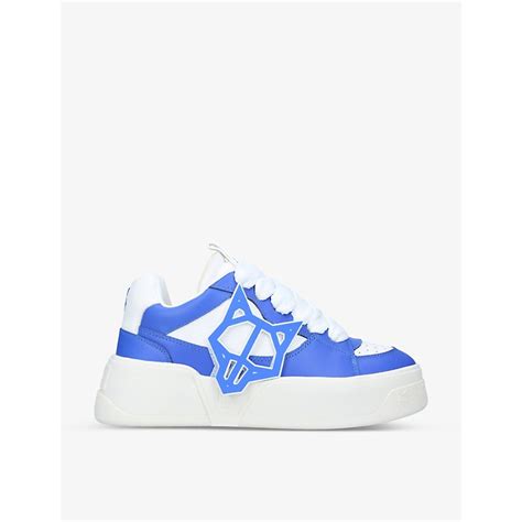 NAKED WOLFE Kosa Detachable Logo Badge Leather Low Top Trainers Blue Editorialist