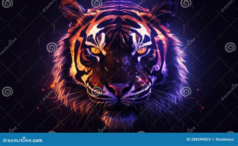 Fiery Tiger In Neon Light Darkcore D Art With Dramatic Lighting Stock