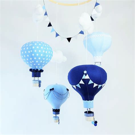Hot Air Balloons Crib Mobile For Baby Boy Baby Blue Navy Blue Nursery Clouds And Balloons
