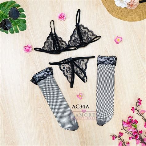 Hitam Bra Set G String Women S Underwear Stockings Sexy Lingerie Black Lace Ac A Shopee