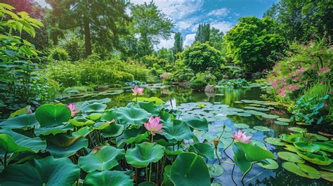 Premium Photo A Beautiful Garden Pond With Pink Water Lilies And Lush