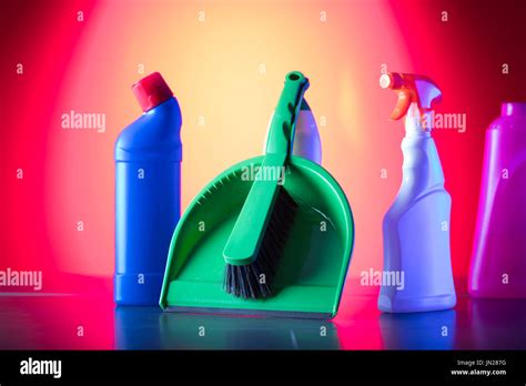 Variety Of House Cleaning Products On A Colorful Background Stock Photo