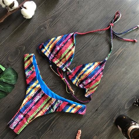 Multicolor Striped Bikini String Backless Triangle Thong Swimsuit Vintage Trend Y2K Swimwear