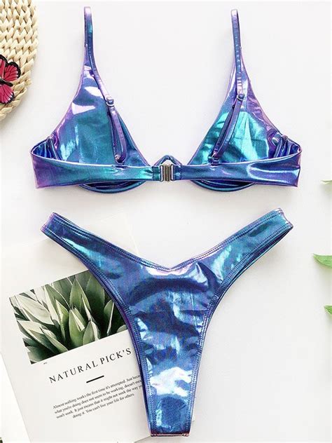 Emmiol Free Shipping 2024 Metallic Underwire Bikini Set Blue S In