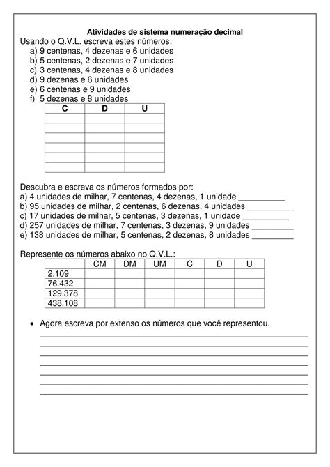 Atividades Sobre Sistema De Numeração Decimal 6 Ano Com Gabarito