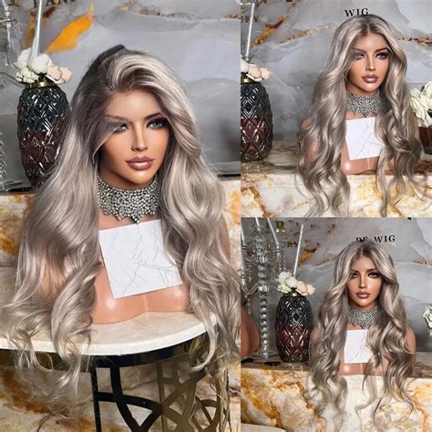 Lace Frontal Wig Ash Blonde Ombre Body Wave Human Hair Wig Transparent HD Lace Synthetic