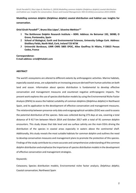 (PDF) Modelling common dolphin (Delphinus delphis) coastal distribution and habitat use ...