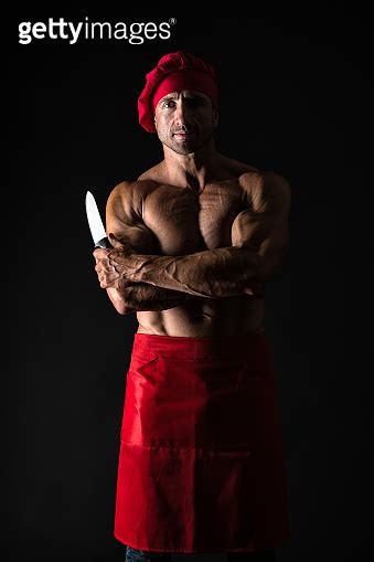 Man Attractive Nude Chef Wear Apron Sexy Muscular Chef Black