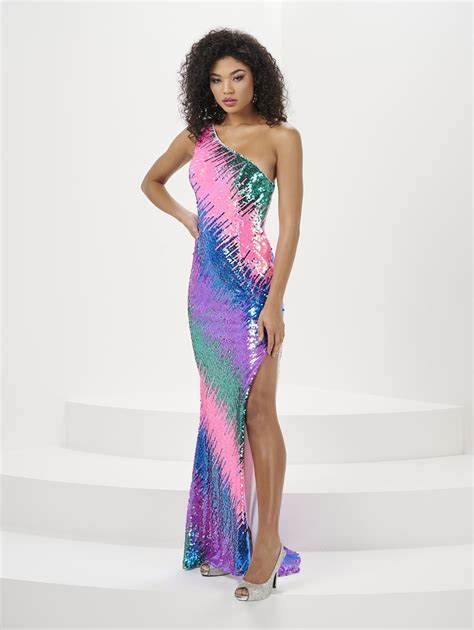 French Novelty Panoply Rainbow Sequin One Shoulder Gown