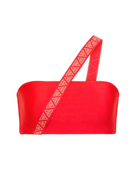 Red Asymmetrical Without Push Up Bandeau Bikini Top With Branded Strap