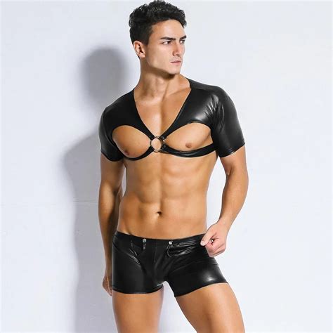 Black Gay Fetish Faux Leather Bondage Lingerie Mens Sexy Costume Bdsm