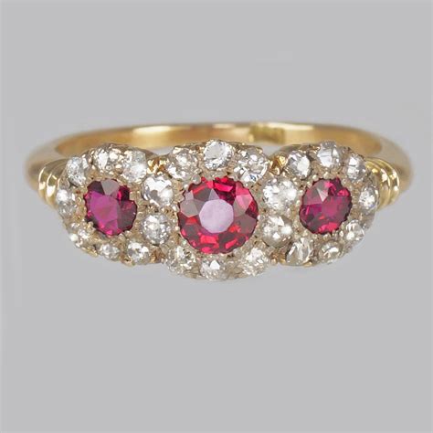 Ruby And Diamond Triple Cluster Victorian Ring The Chelsea Bijouterie
