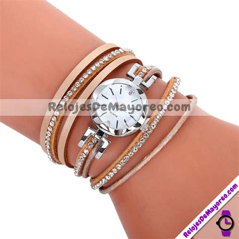 Reloj Pulsera Tiras Con Diamantes Beige Extensible Piel Sint Tica Plata