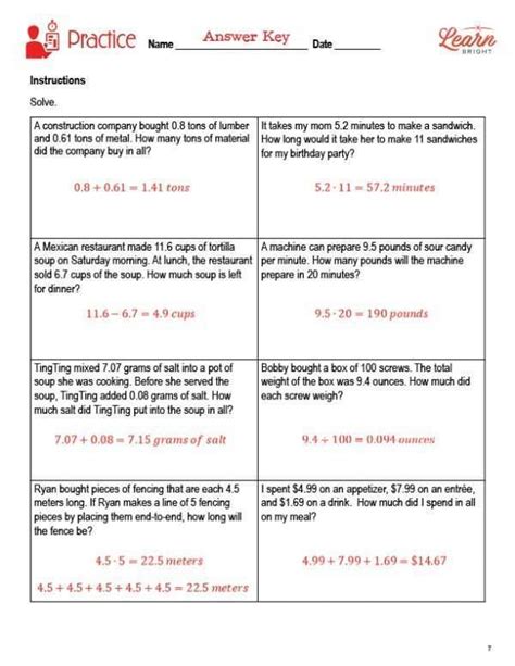 Decimal Word Problems Free Pdf Download Learn Bright