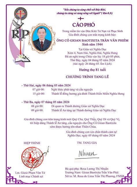 Cáo phó Ông Cố Gioan Baotixita Trần Văn Phiếm (Cố Sr Phương) - Dòng Mân ...