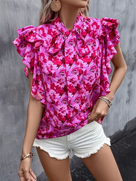 Shein Lune Allover Floral Print Tie Neck Ruffle Trim Blouse Shein Usa