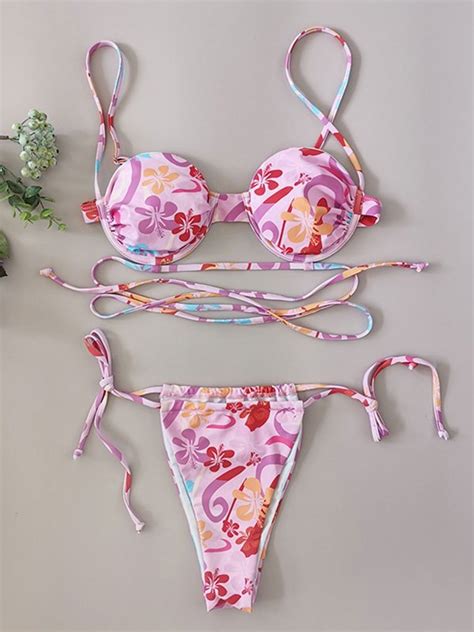 Lace Up Floral Underwire Bikini Set Pink S In Bikini Sets Online Store Best For Sale