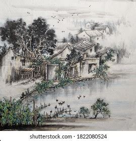 Chinese Country Style Landscapes Ink Wash Stock Illustration