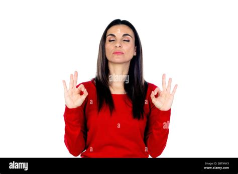 Attractive Mature Woman Wearing Red Jersey Isolated On A White Background Stock Photo Alamy