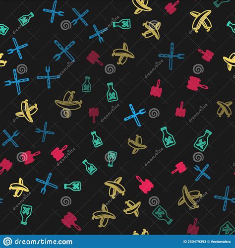 Set Line Crossed Fork And Knife Ketchup Bottle Hot Chili Pepper Pod And Barbecue Steel Grid On