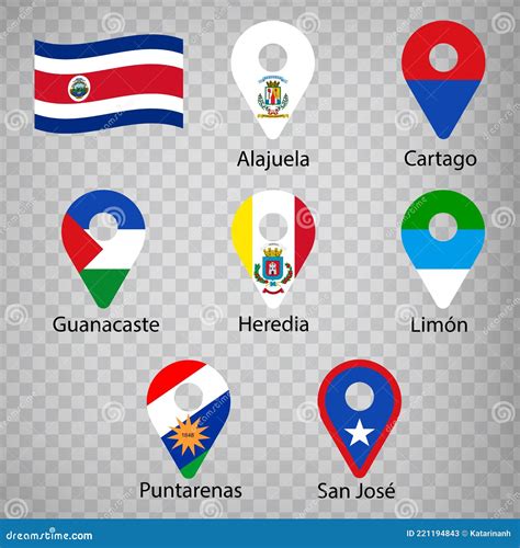 Seven Flags the Provinces of Costa Rica - Alphabetical Order with Name