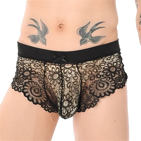 Clever Menmode Men Sexy Underwear Lace Mesh Boxers Shorts Bow Crossdress Lingerie Transparent