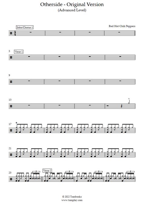 Otherside Original Version Advanced Level Red Hot Chili Peppers Drums Sheet Music