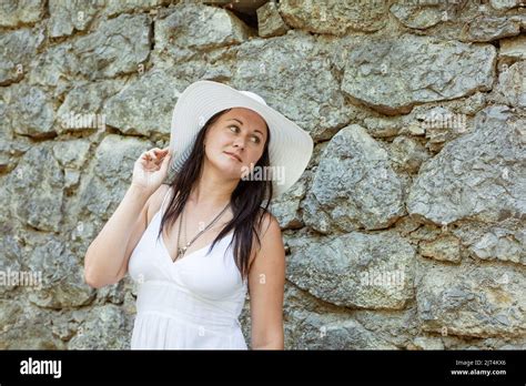 Happy Cute Brunette Woman In Park On Summer Day Cheerful Beautiful