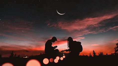 HD wallpaper: Couple, Playing guitar, Sunset, Half moon, Silhouette ...