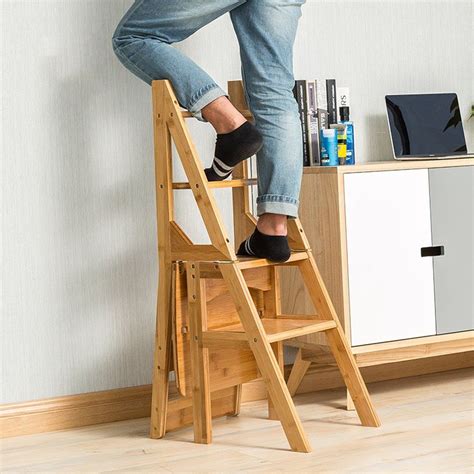 Solid Wood Multifunction Ladder Chair Home Kitchen Dual Use Folding