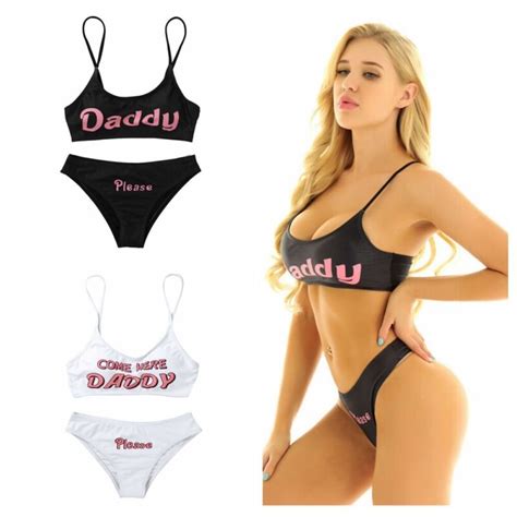 Us Women Yes Daddy Lingerie Bikini Set Spaghetti Straps Bra Top Naughty