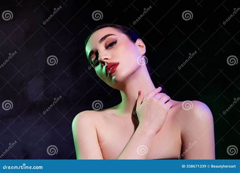Photo Of Pretty Shiny Girl Naked Shoulders Enjoying Clean Skin Empty Space Isolated Black Color