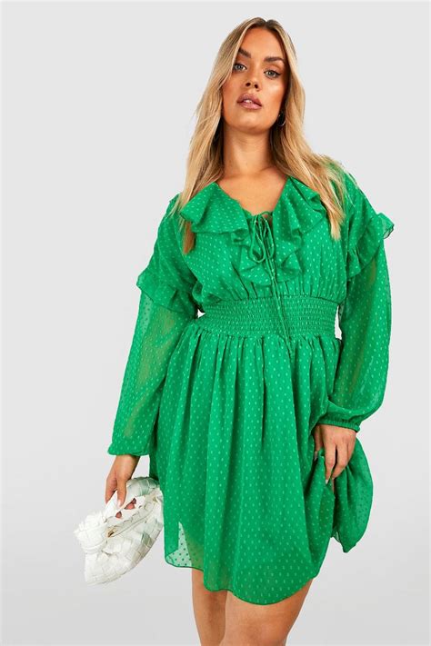 Plus Dobby Mesh Lace Up Ruffle Skater Dress Boohoo