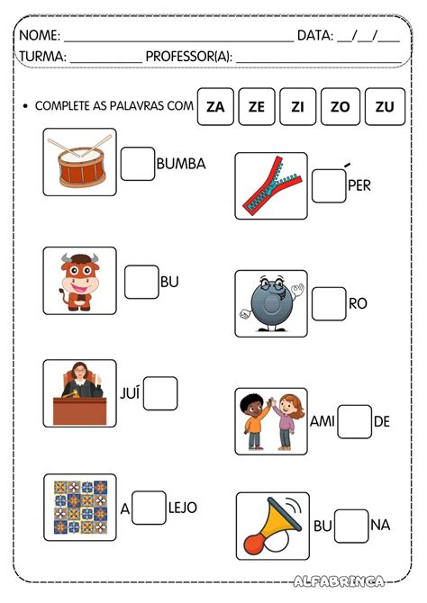 Familia Silabica Za Ze Zi Zo Zu - Atividades Za Ze Zi Zo Zu - Prontas para imprimir - Alfabrinca