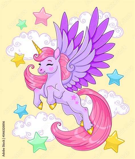 Cute Purple Pegasus Flying In Clouds Cartoon Vector Illustration Stock